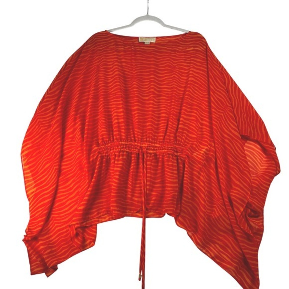 Michael Kors L/XL Red Orange Zebra Print Sheer Tie Waist Tunic Top Blouse‎